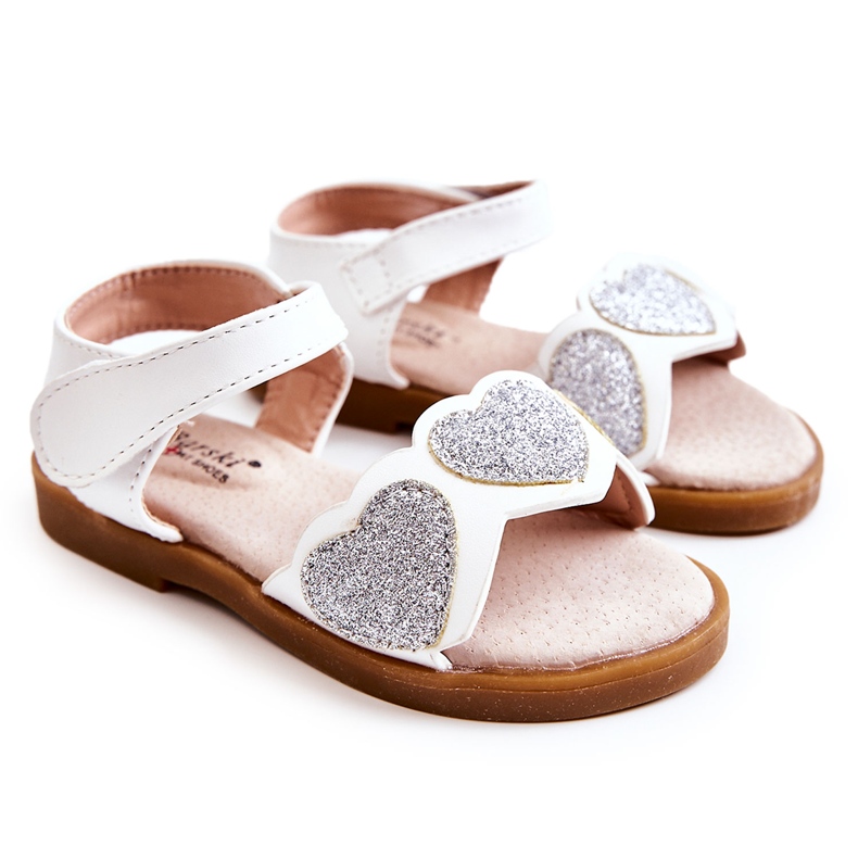 S.Barski Children's Leather Sandals Brocade Hearts White Luisa