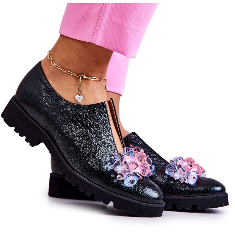 PA2 Elegant Leather Shoes With Dark Green Cindy Decoration