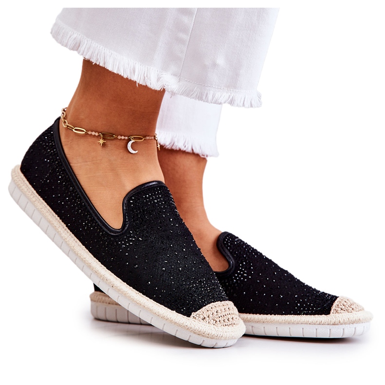 PG1 Women's Cloth Espadrilles With Cubic Zirconia Black Deimos