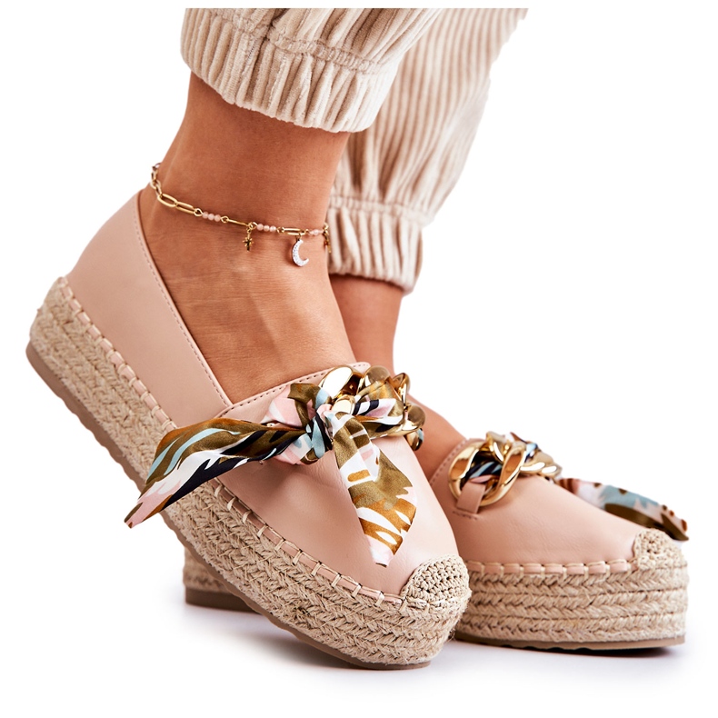 PS1 Women's Leather Espadrilles With Beige Fancy Chain pink