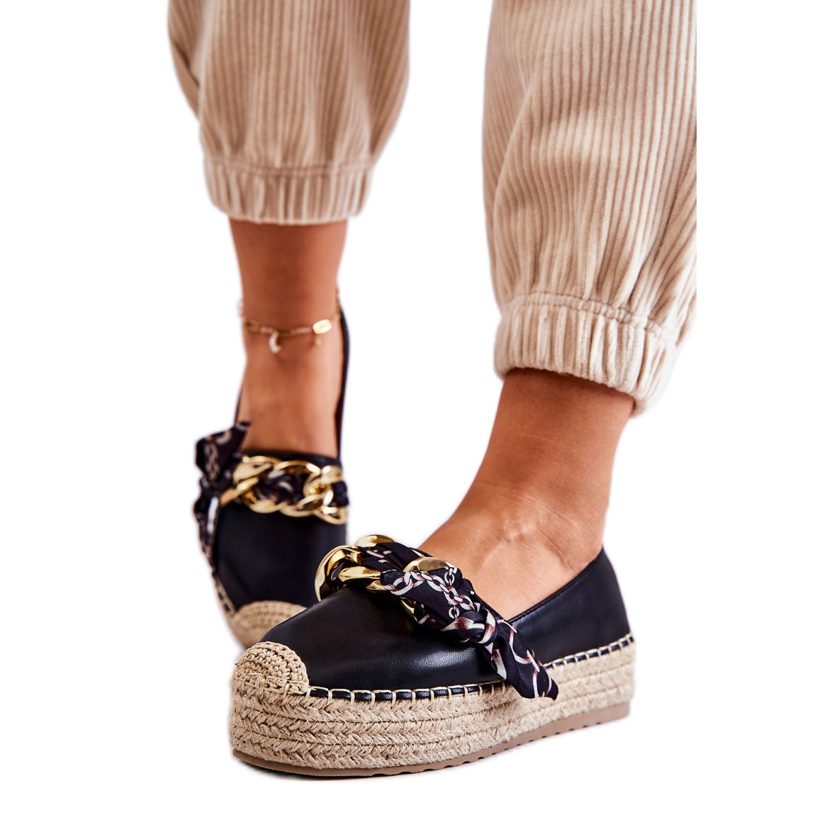 PS1 Leather Women s Espadrilles With Black Fancy Chain