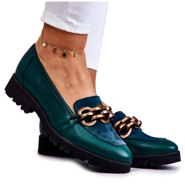 PA2 Elegant Leather Loafers With Green Geneva Chain