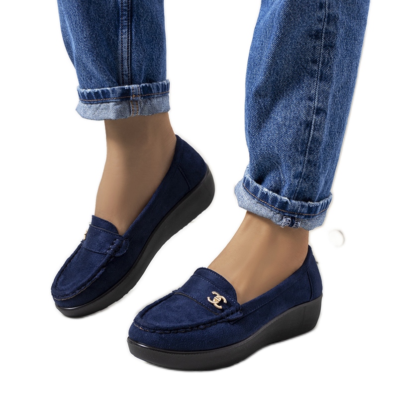 Navy blue loafers on the Stapper wedge