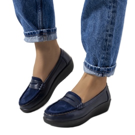 Navy blue loafers on the Dinsmore wedge