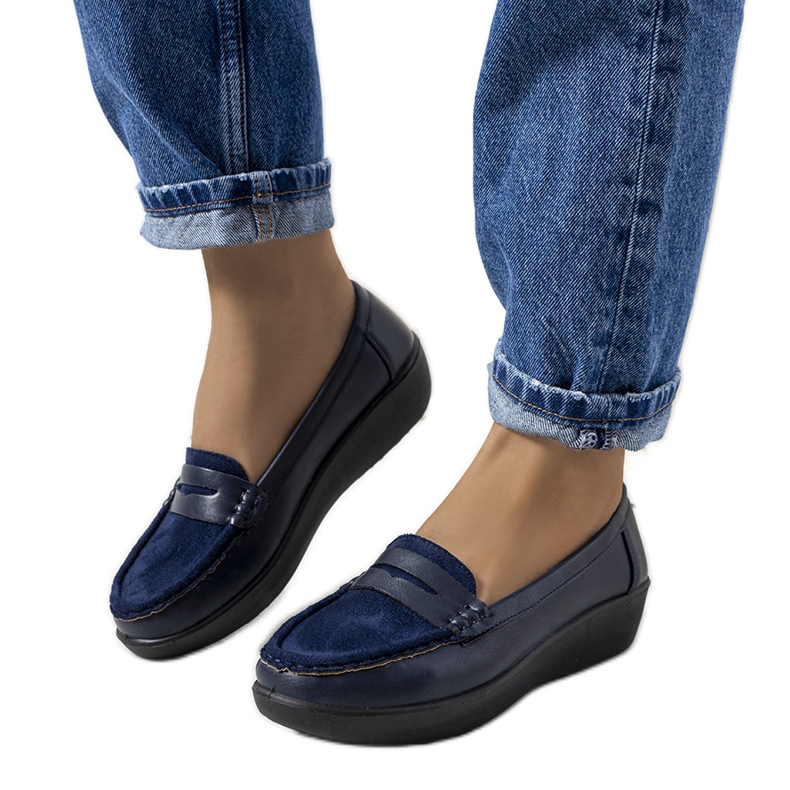 Navy blue loafers on the Dinsmore wedge