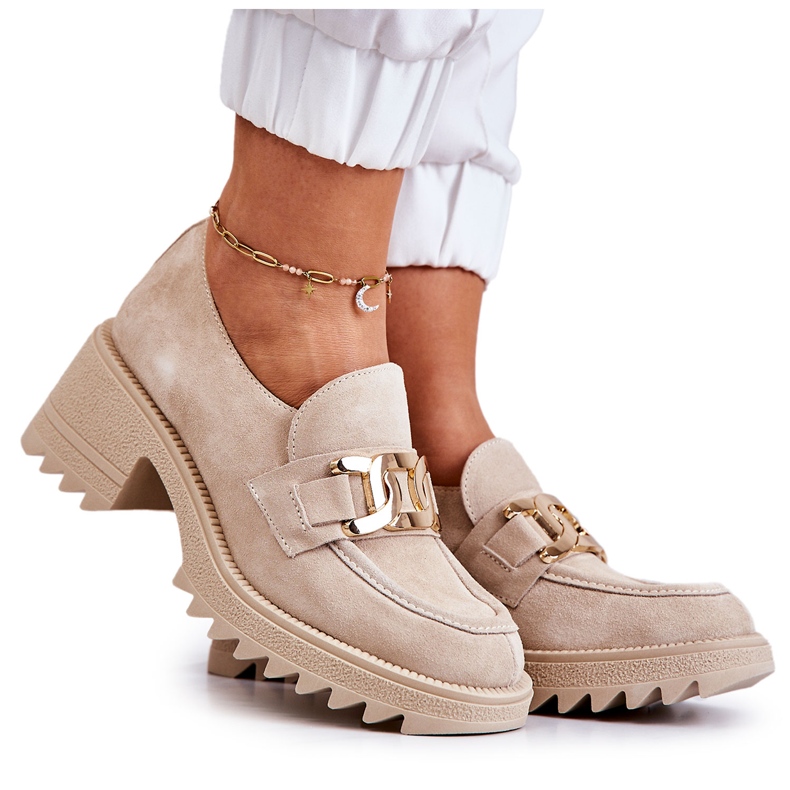PL5 Suede Shoes With Golden Decoration Light Beige Idealize