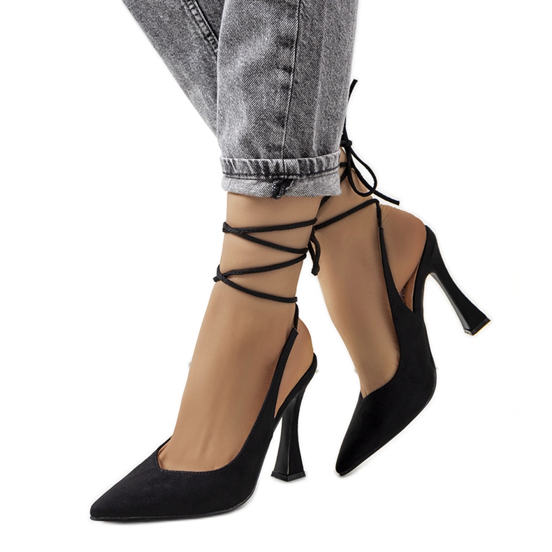 Black lace-up high-heeled pumps