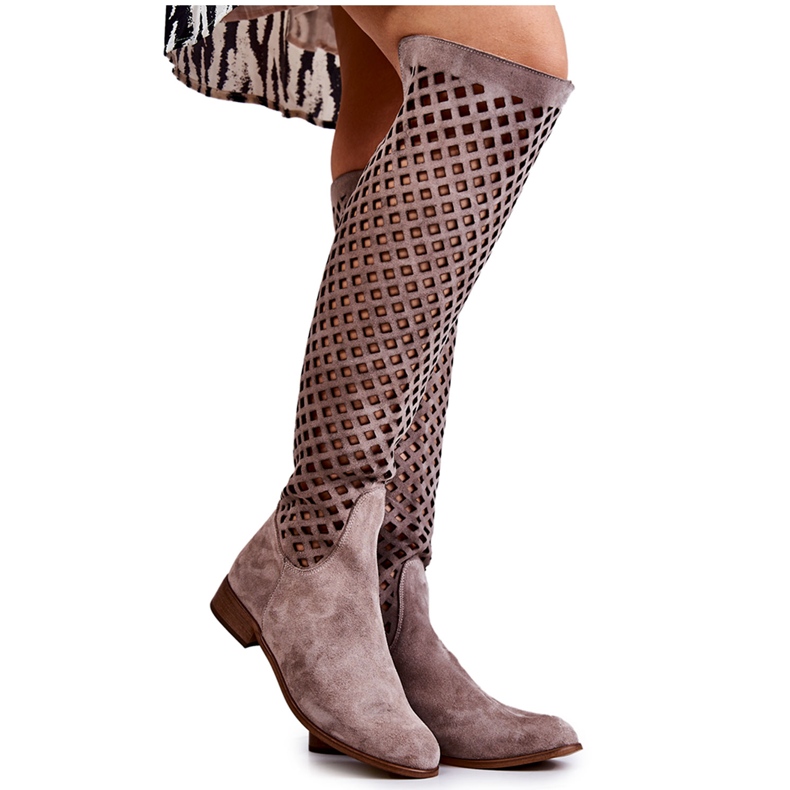 PA2 Dark beige Arinna suede boots with an openwork pattern brown
