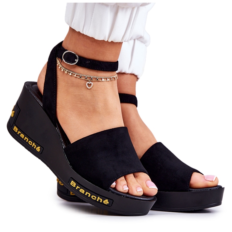Vinceza Women's Suede Wedge Sandals Black Cortena