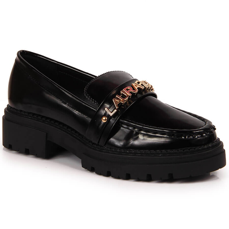 Women's black lacquered shoes with the inscription Laura La.Fi Women's black lacquered shoes with the inscription Laura La.Fi