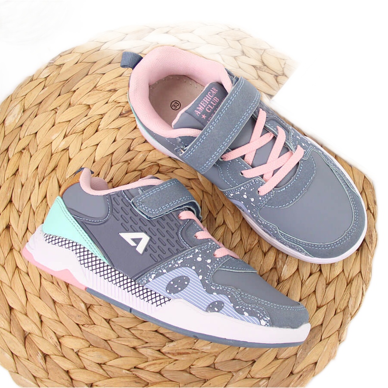 Girls' sports shoes with Velcro, gray American Club elastic bands pink grey Girls' sports shoes with Velcro, gray American Club elastic bands pink grey