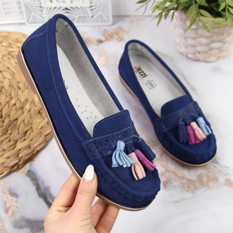 Women's leather loafers with fringes, navy blue Jezzi