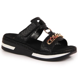 Black Rieker V5929-00 women's black slippers with a chain