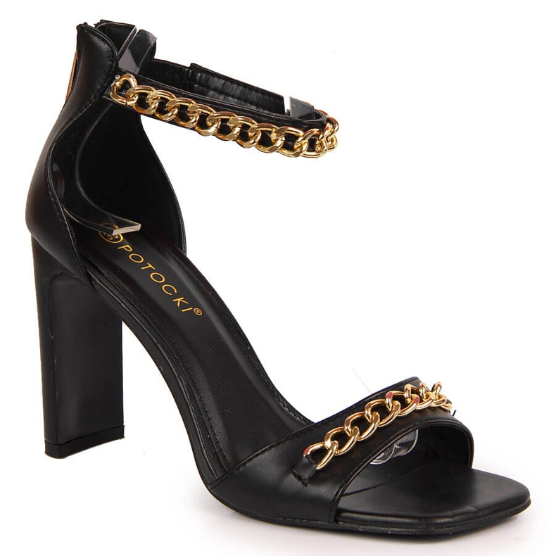 Black Potocki women's sandals on a post with a chain