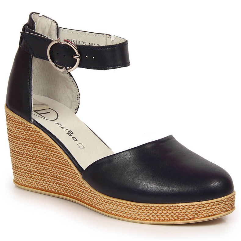 Leather women's sandals on a navy blue wedge Filippo