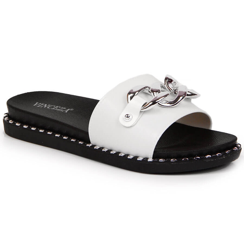 White Vinceza women's slippers with a chain