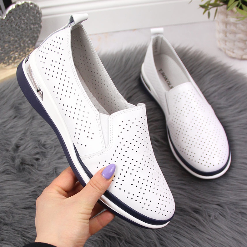 Women's openwork leather, slip-on shoes, white T.Sokolski