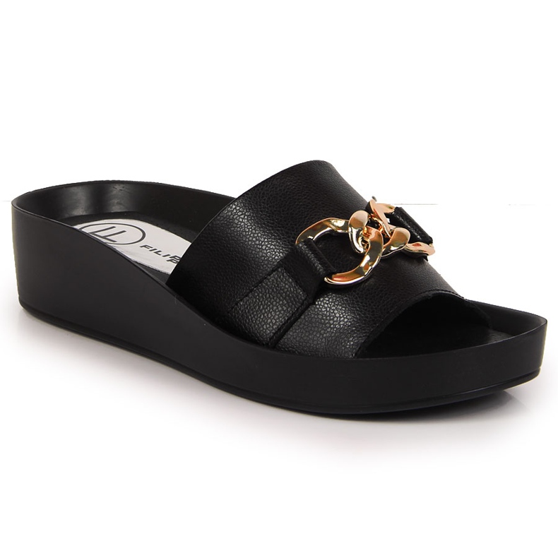 Black women's leather slippers with a chain Filippo