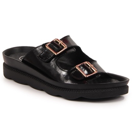 Women's leather slippers with buckles black Filippo