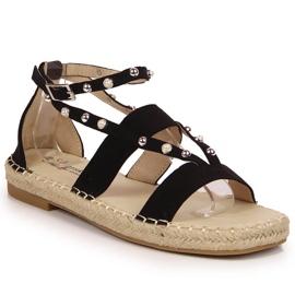 S.Barski Black sandals for women espadrilles with pearls by S. Barski