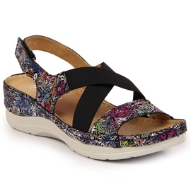 Women's leather sandals on comfortable rubber Helios 100 black multicolored