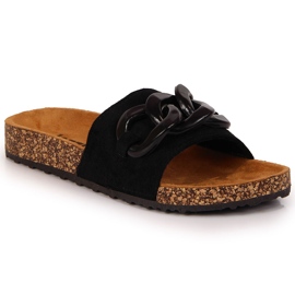 Black Jezzi women's slippers with a chain