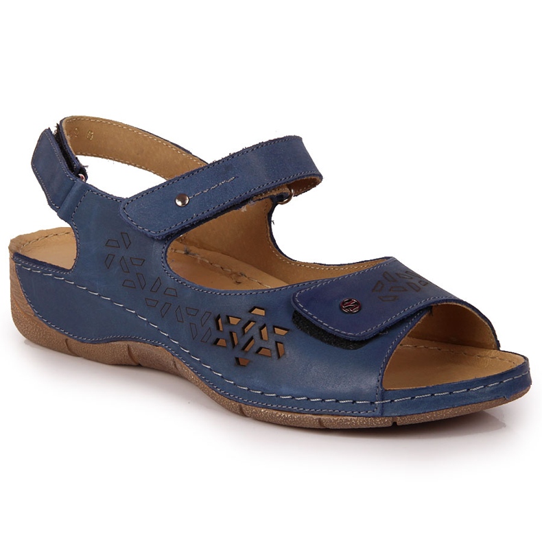 Helios 266 navy blue women's leather sandals with velcro