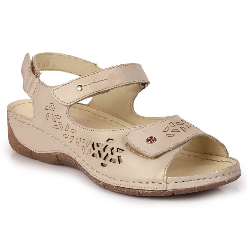 Women's leather sandals with velcro golden Helios 266