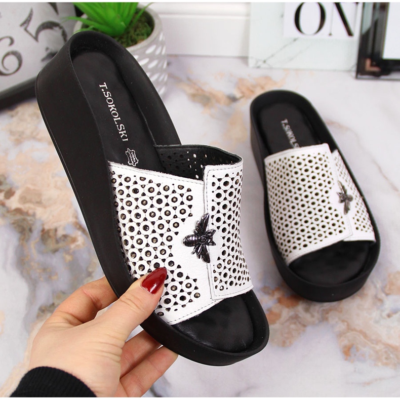 Women's white openwork leather slippers T.Sokolski