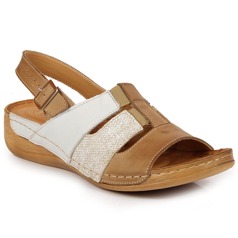 Comfortable white and beige leather sandals Łukbut 1102