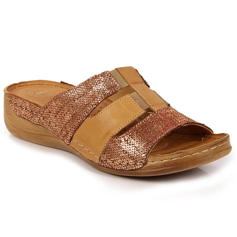 Leather beige and golden elastic slippers Łukbut 1103