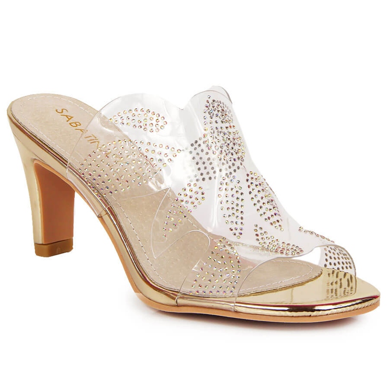 Transparent women's slippers with golden cubic zirconias Sabatina colorless