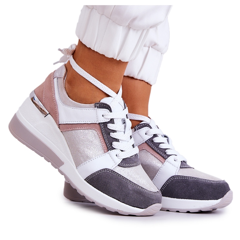 S.Barski Leather Sport Shoes Wedge Sneakers Silver-Gray Elissa white pink grey