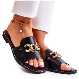 S.Barski Fashionable Black Finess Slippers With A Chain On A Flat Heel