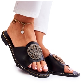 S.Barski Women's Leather Slippers With Black Colene Ornament