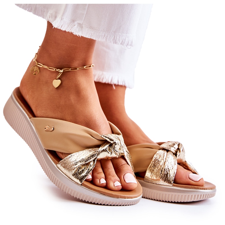 PE1 Comfortable Leather Women's Slippers Beige and Gold Neyla golden PE1 Comfortable Leather Women's Slippers Beige and Gold Neyla golden