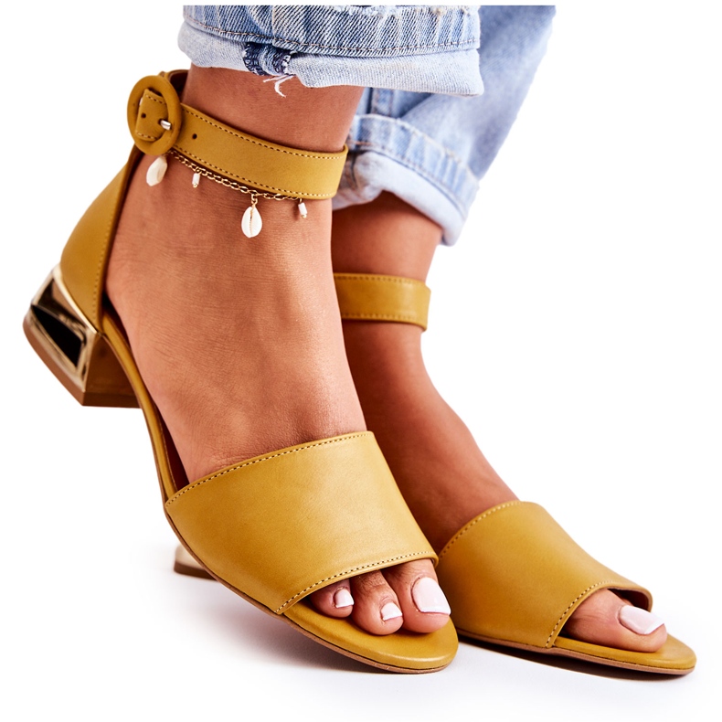 Leather Sandals On Gold Heels Laura Messi 2143 Dark yellow