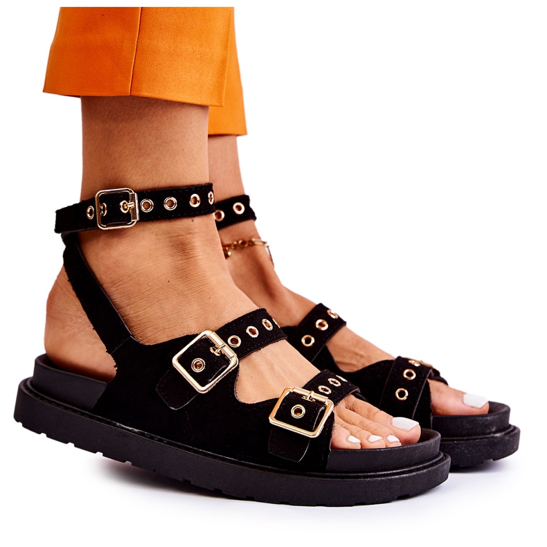 PM1 Women's Suede Sandals With Straps Black Parys