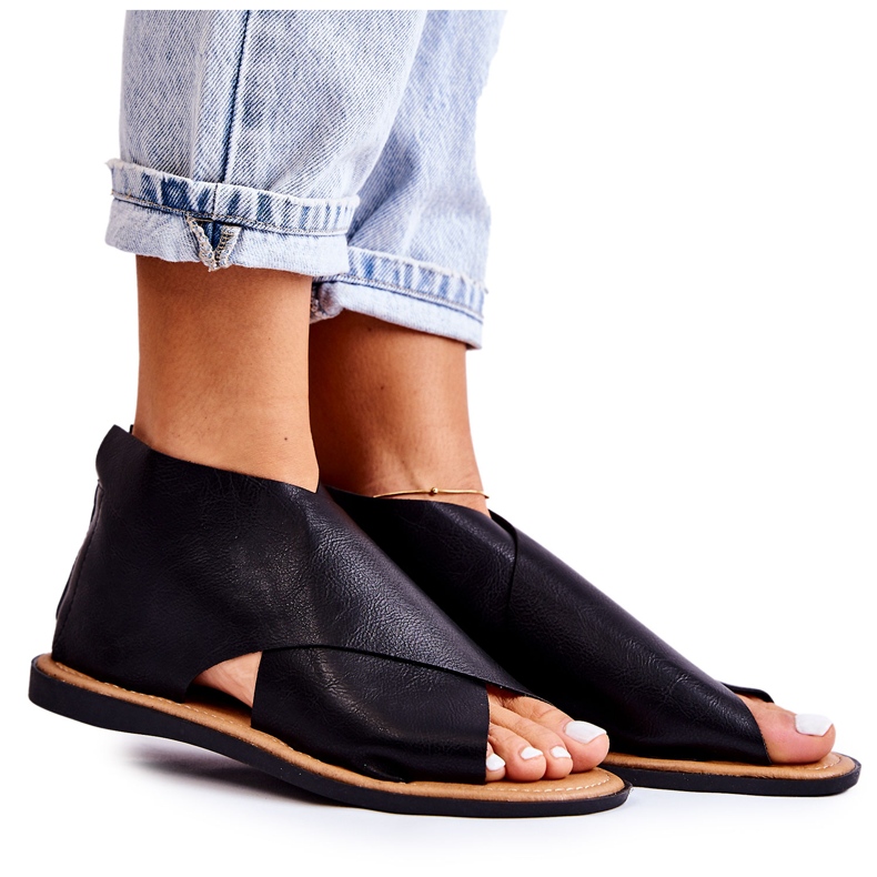 S.Barski Women's Black Leather Catalise Sandals