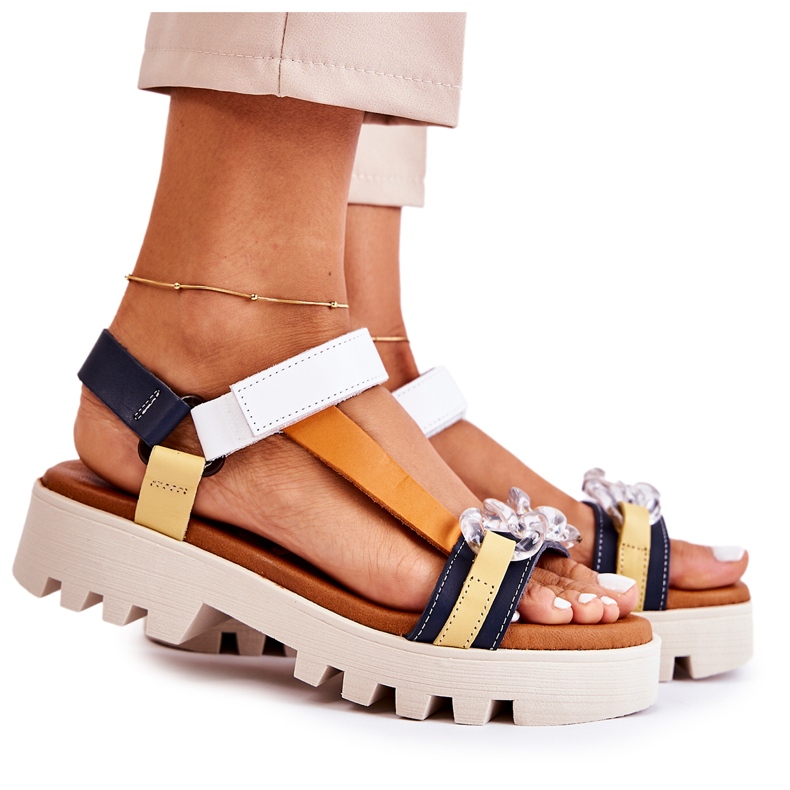 Leather Sandals With Velcro Maciejka L5009-02 Navy Blue-White