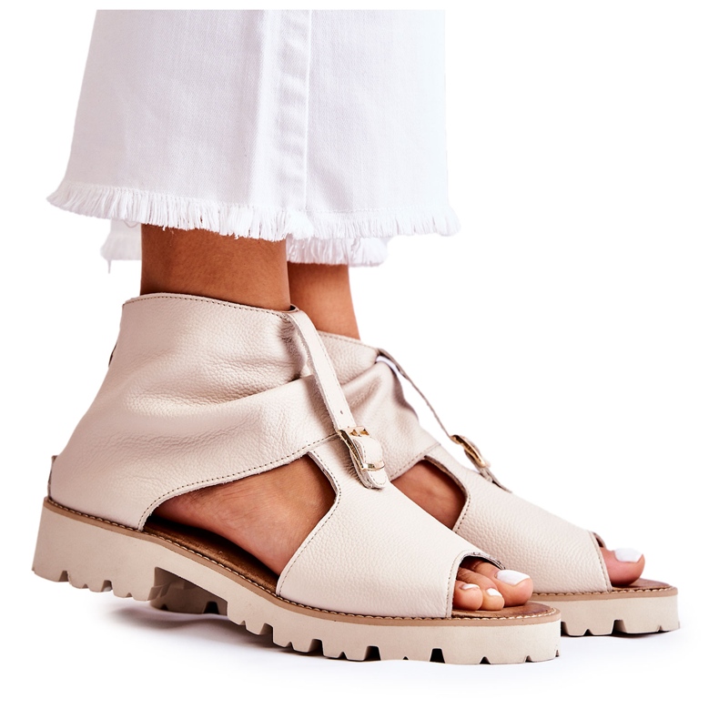 Women's Leather Sandals With Zipper Nicole 2748 Beige brown
