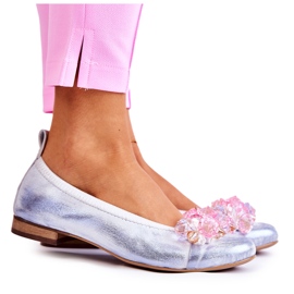 Women's Leather Ballerinas With Crystals Nicole 2749 White-Blue