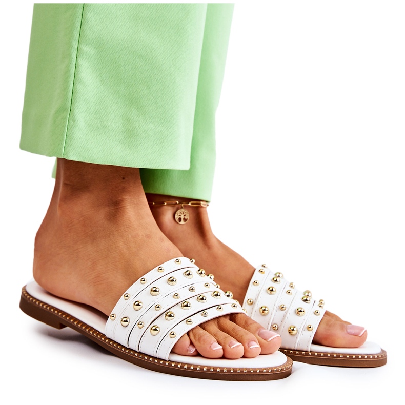 S.Barski Women's Leather Slippers With White Brien Decoration