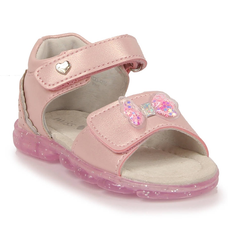 Girls' sandals with velcro and a bow pink