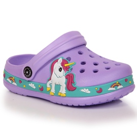 American Club violet slippers with a unicorn purple