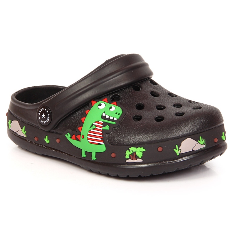 Black American Club Cokes slippers with a dinosaur