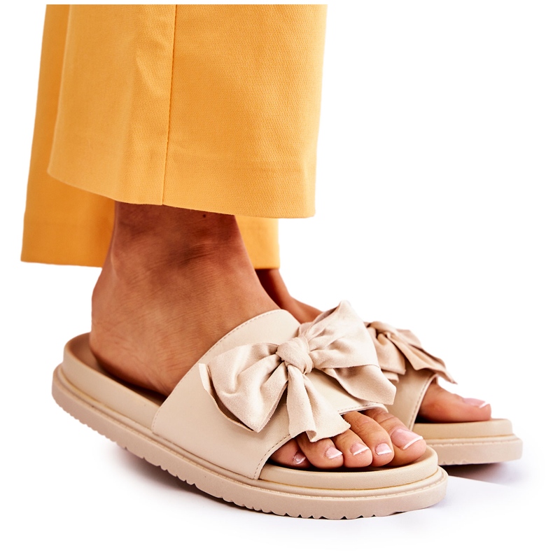 PJ1 Classic Women's Leather Slippers With A Bow Beige Dessy
