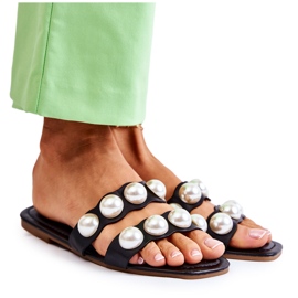 PG1 Women's Leather Slippers With Decorative Pearls Black Lasello