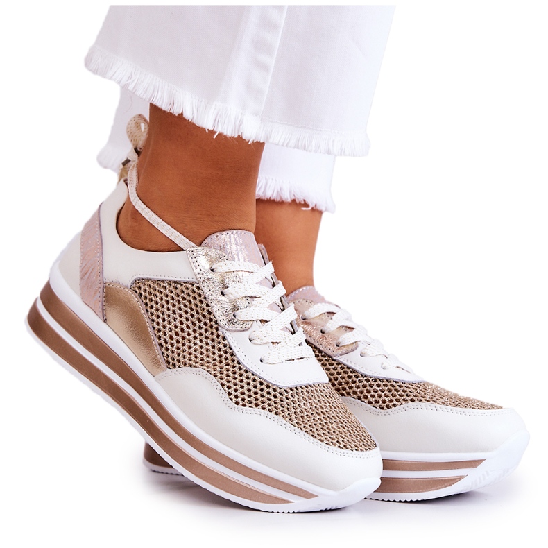 S.Barski Women's Sport Shoes Sneakers White and Gold Bourne golden