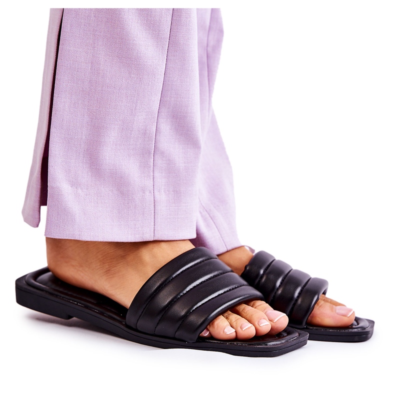 PG1 Women's Black Leather Slippers With Quilting Raula